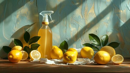 Lemons and a bottle of lemon cleaner, natural cleanse