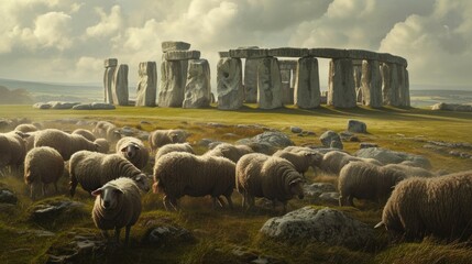 A female sheeperd with a little lamb at famous Stonehenge ancient mystery site in England UK.