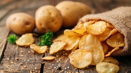 Potatoes next to a bag of chips, from soil to snack - obrazy, fototapety, plakaty
