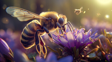 A honeybee delicately collecting nectar from a vibrant purple flower - obrazy, fototapety, plakaty