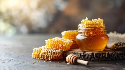 Raw honeycomb next to a jar of honey, bee's bounty