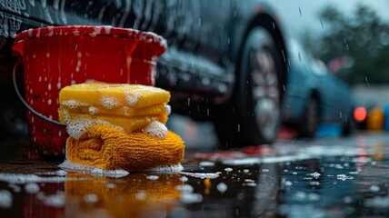 Soapy sponge and bucket beside a car, weekend washing
