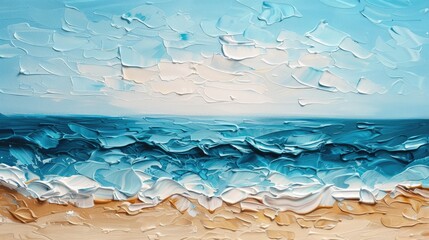 Closeup of impasto abstract rough seascape and beach. Blue, white and beige colors, art painting canvas texture..