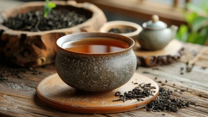 Tea leaves next to a cup of brewed tea, steeped in tradition - obrazy, fototapety, plakaty