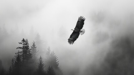 A bald eagle flying over foggy forest mountain in sky in wild. - obrazy, fototapety, plakaty