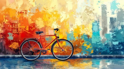 A bicycle against a vibrant city backdrop, urban adventure,