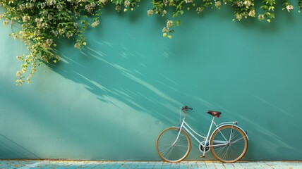 A bicycle leaning against a green wall, eco-friendly transport,