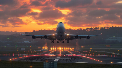 Un grande aereo di linea che decolla dalla pista di un aeroporto al tramonto  con il carrello d'atterraggio abbassato ,  aereo in fase di decollo  atterraggio - obrazy, fototapety, plakaty