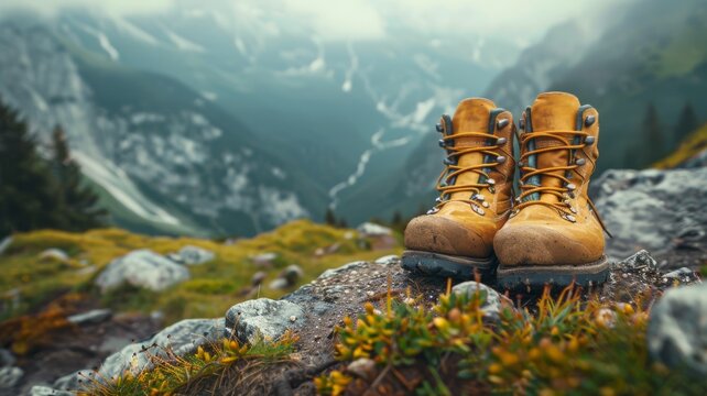A pair of hiking boots on rugged terrain, adventure calls,