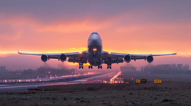 Un grande aereo di linea che decolla dalla pista di un aeroporto al tramonto  con il carrello d'atterraggio abbassato ,  aereo in fase di decollo  atterraggio