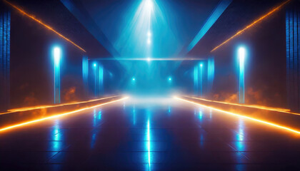Futuristic corridor with blue and orange neon lights background - 770753935