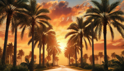 Road with palm trees against susnet sky - 770754110