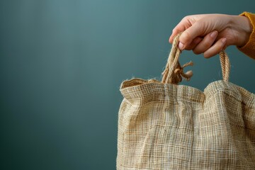 Close-up of a hand carrying a shopping cloth bag promoting sustainable lifestyle.