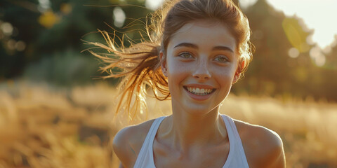 giovane donna che corre nella natura, jogging , primo pian di ragazza felice che corre con una tuta leggera e canotta, spazio per testo - obrazy, fototapety, plakaty