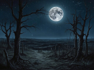 Mystical Moonlit Nights Enchanting Moon Illustrations in Haunting Landscapes. Moonlit Forests, Spooky Nights, and Tranquil Moonlit Scenes for Halloween and Beyond.
