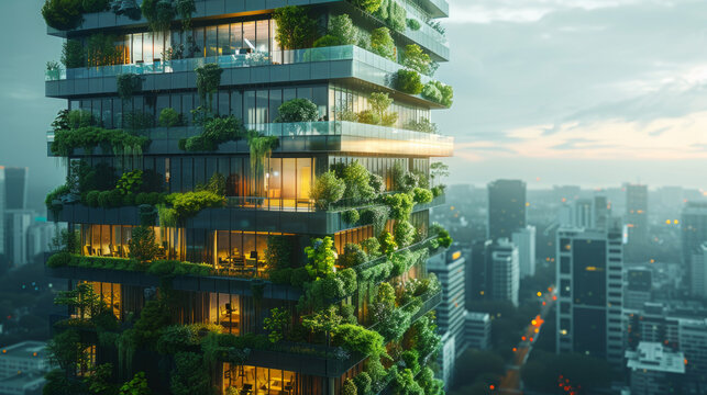 dettagli di un edificio per uffici iperrealistico ed ecologico in una città moderna. Facciata in vetro sostenibile con alberi integrati per ridurre il calore e l'anidride carbonica. Giardini pensili 