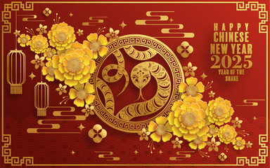 Happy chinese new year 2025  Background with snake,
year of the chinese snake zodiac with on color Background. ( Translation : happy new year, chinese snake 2025 )