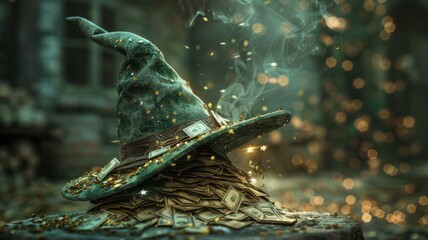 A wizard hat that creates money out of thin air, symbolizing effortless wealth creation. - obrazy, fototapety, plakaty