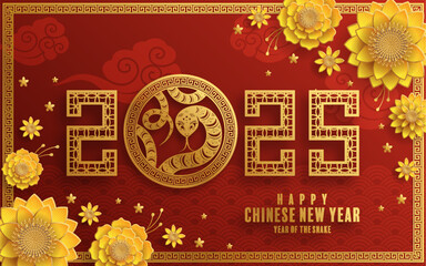 Happy chinese new year 2025  Background with snake,
year of the chinese snake zodiac with on color Background. ( Translation : happy new year, chinese snake 2025 )