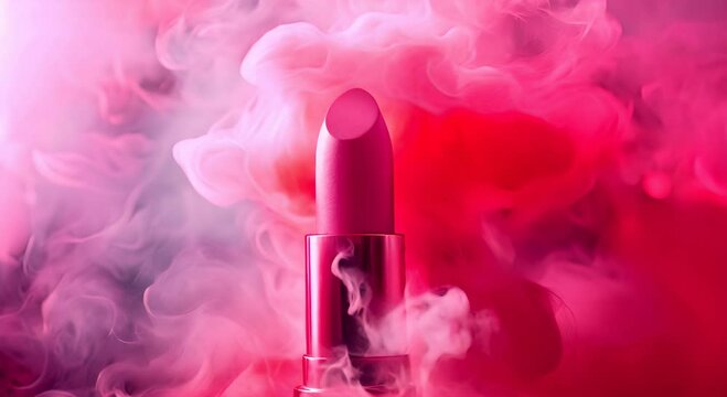commercial photography of pink lipstick, Creamy matte lip color. pink smoke background , professional photography,