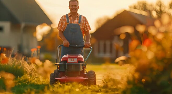 Full body photo of a happy middle aged man in overalls mowing the lawn with a modern lawnmower, with short hair