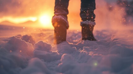 Closeup view of a hiker hiking in winter in rugged lands with snow. - obrazy, fototapety, plakaty