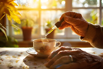 Elderly hand adding CBD oil to tea, a morning routine in warm sunlight. - obrazy, fototapety, plakaty