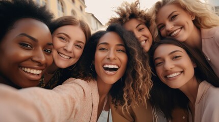 Fototapeta premium A group of women with curly hair are smiling for a picture