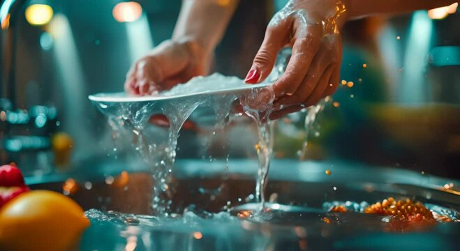 Close up of woman is washing plate in the modern kitchen. professional bokeh, big copy spcae for text,