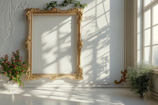 Vintage golden picture frame, on beige wall. Wedding ceremony. Flowers. Big window. Sunlight, natural shade.
