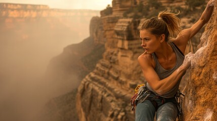 A female rock climber climbing a cliff in Grand Canyon.