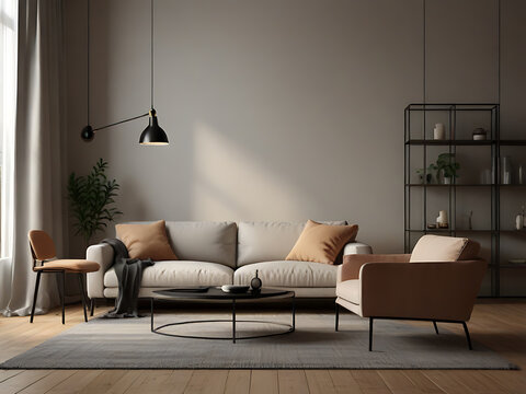 Living room poster mockup. Interior mockup with house white background. Modern interior design. 3D render