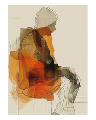Abstract Man Sitting with Backpack. Modern Digital Art. Contemporary Style for Design and Print. Geometric and Organic Shapes Blend