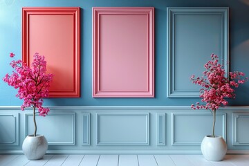 Gallery with pastel colors. Blue wall with picture frames in pink blue and red colors. Vases in flowers. Bright natural light and shades. 