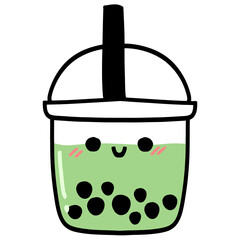 Cute kawaii bubble milk green tea with a happy smile in transparent background.