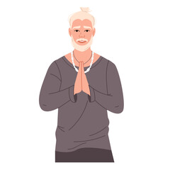 A young blonde yogi with tied hair, mustache and beard with a Namaste gesture