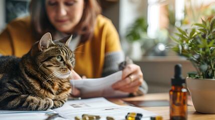 Concentrated female with paperwork, pet cat accompanying. CBD oil, pet wellness