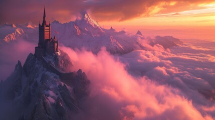 Medieval castle fortress on mountain top above clouds with snow in winter. - obrazy, fototapety, plakaty