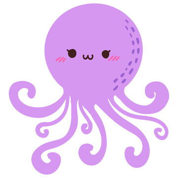 Isolated cute purple hand-drawn octopus in transparent background