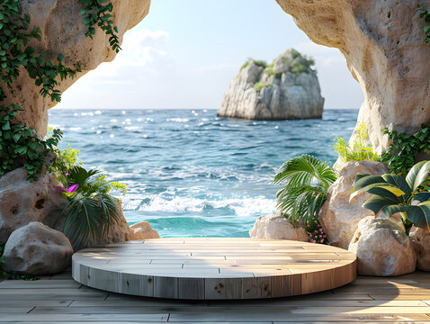 summer background 3d product display platform scene with sea sky cloud summer background 3d render on the ocean display. podium on sand beach cosmetic product display stand. Generative ai