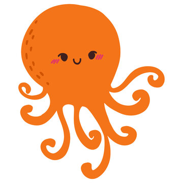 Isolated cute orange hand-drawn octopus in transparent background