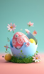 Cracked half open eggshell, with more colorful Easter eggs in it, and flowers growing out of the grass. Minimal blue background. Pop art.