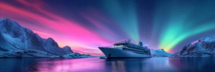 Selbstklebende Fototapeten Cruise ship rest in sea water with snow mountain and beautiful aurora northern lights in night sky in winter. © rabbit75_fot