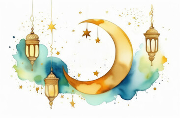 Lantern with new moon. Festive greeting card, invitation for Muslim holy month Ramadan Kareem.