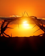 Crown of thorns of Jesus Christ in sunset background