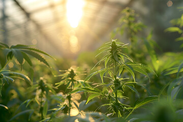 Cannabis cultivation with warm sunlight flare. - obrazy, fototapety, plakaty
