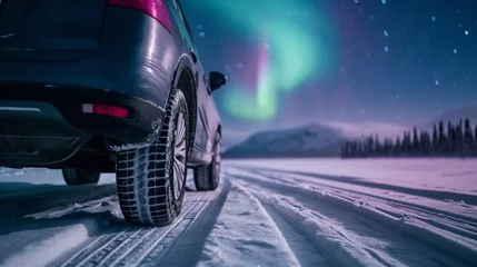 Photo sur Plexiglas Aurores boréales Closeup view of the tire of a car in wild snow field with beautiful aurora northern lights in night sky with snow forest in winter.