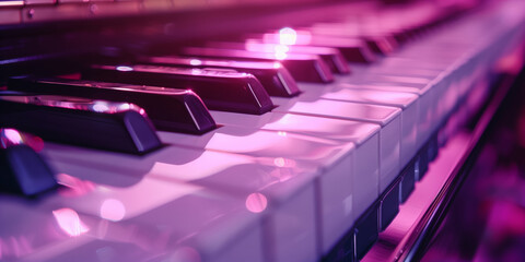 Close-up of a piano keyboard, musical instrument keys in shades of lilac