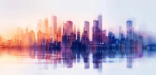 A city skyline made of blurred images, blending together to form the silhouette of skyscrapers and bridges gradient from light blue at top to warm orange Generative AI