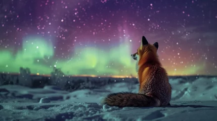 Poster Red fox in wild snow field with beautiful aurora northern lights in night sky with snow forest in winter. © rabbit75_fot